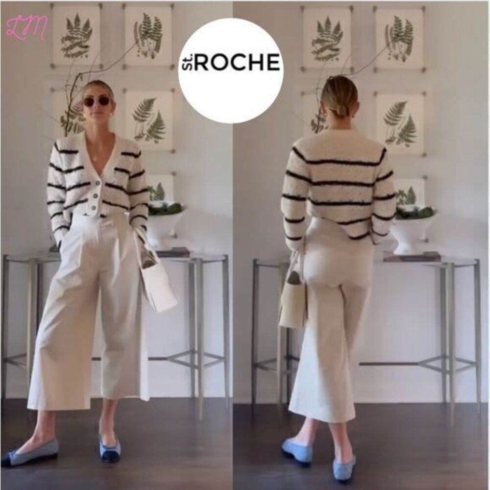 St. Roche Cordell Twill Pants Pleated Front Wide Tab Crop Pants Size 4 Pearl‎